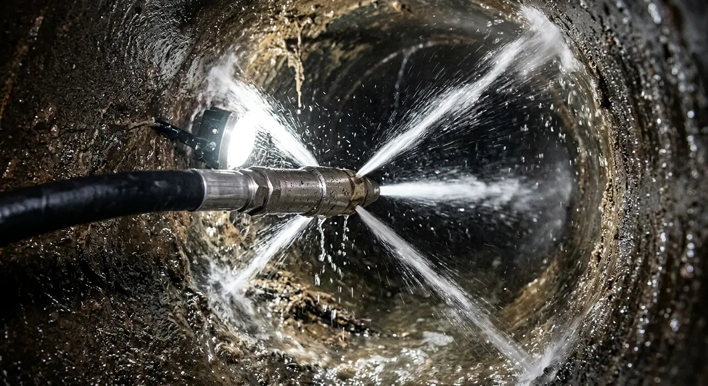 High-pressure hydro jetting nozzle cleaning sewer pipe for Storm Drain Cleaning in Pepperell