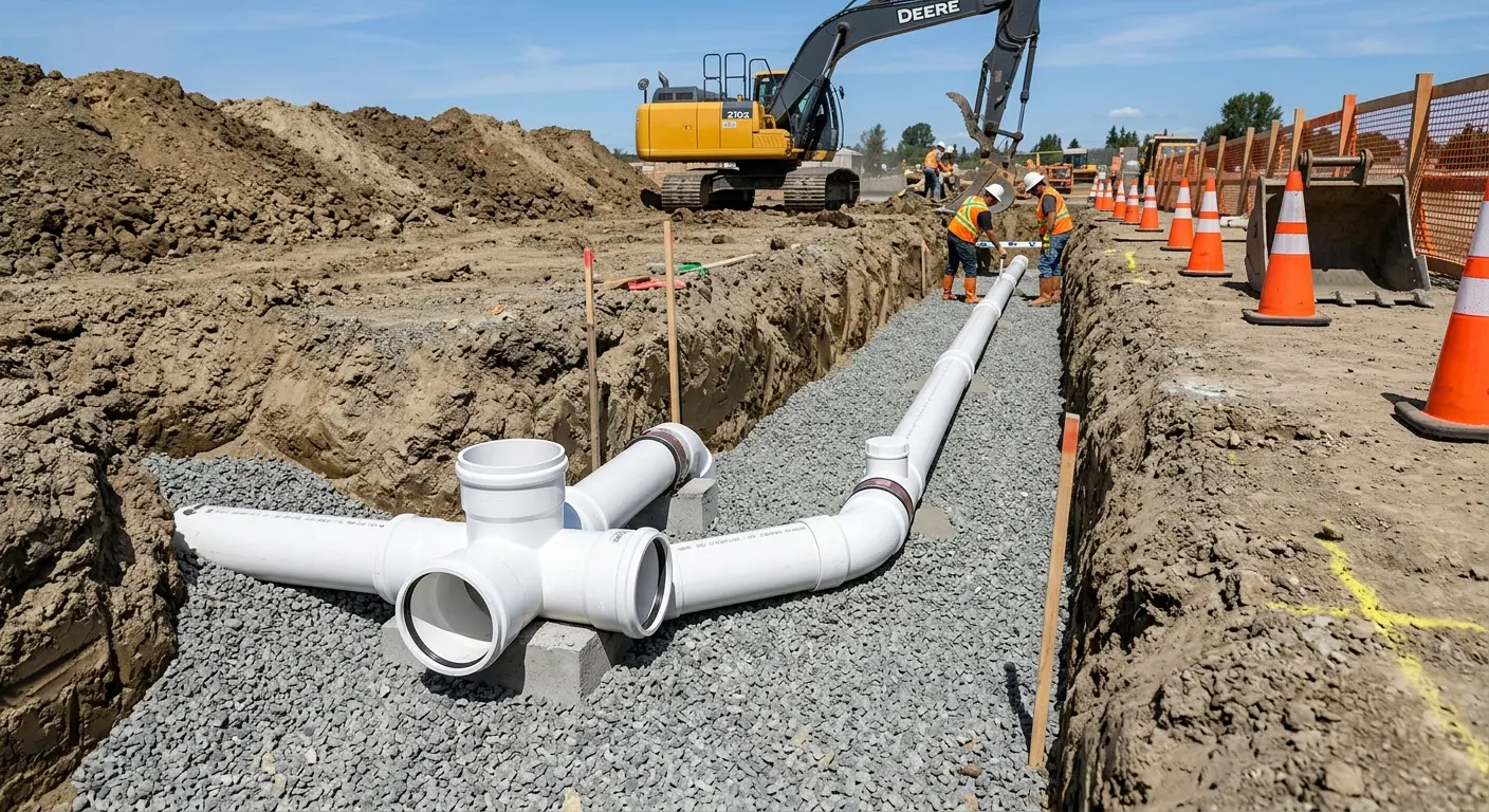New PVC sewer pipe installation in open trench for Commercial Drain Cleaning in Pepperell