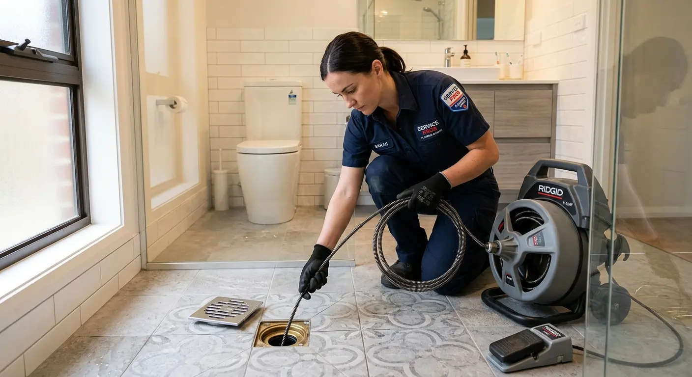 Technician clearing a bathroom floor drain for Sewer Line Replacement in Pepperell